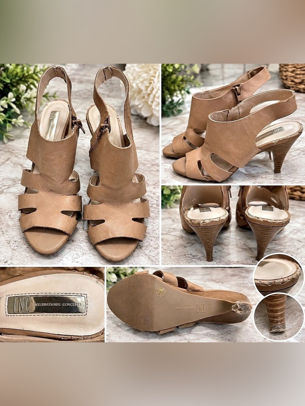INC International Concepts Tan Cutout Slingback Heels Pumps Size 7.5M